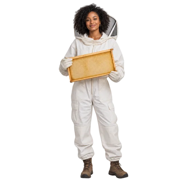 Woman in a white beekeeping suit with the veil behind her head holding a wooden frame