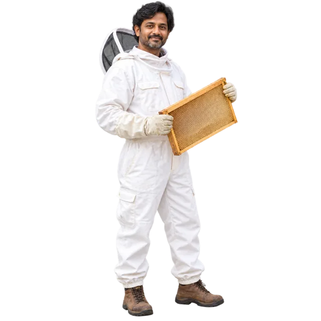 Man in a white beekeeping suit with the veil behind his head holding a wooden frame