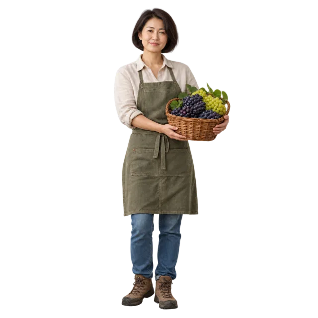 Woman in an olive apron holding a basket of green and purple grapes