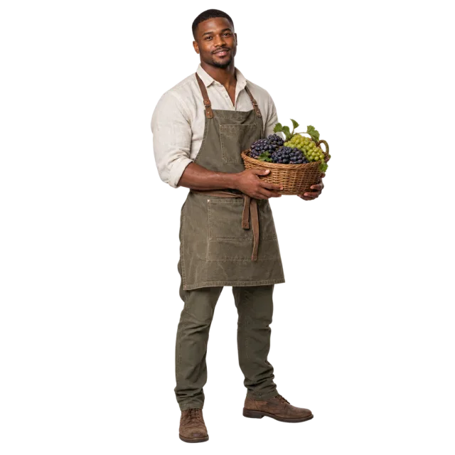 Man in an olive apron holding a basket of green and purple grapes