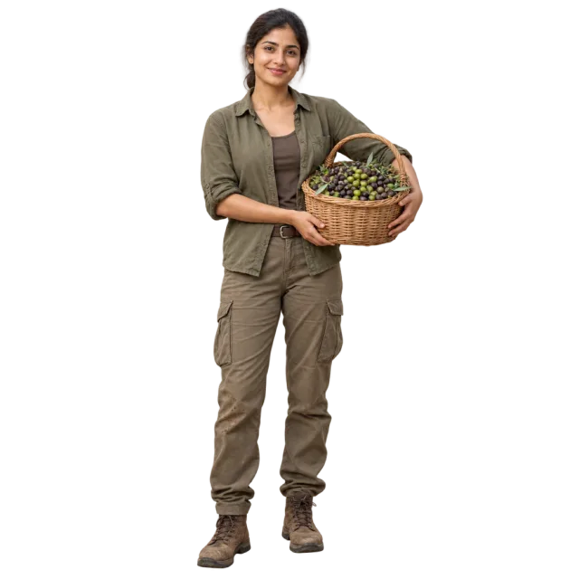 Woman in olive workwear carrying a basket of olives and leafy branches