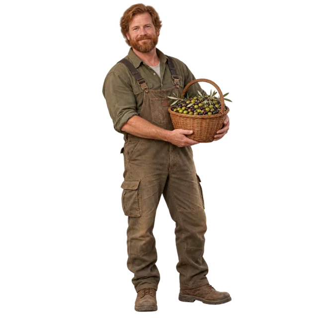 Man in olive workwear carrying a basket of olives and leafy branches