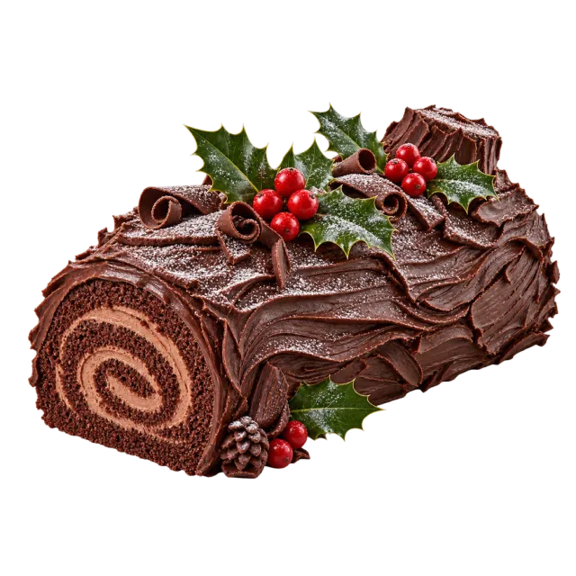 A chocolate spiral log cake with textured frosting, holly leaves and red berries