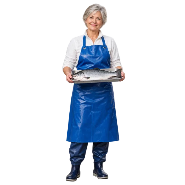 Gray-haired woman in a blue waterproof apron holding a tray of fish