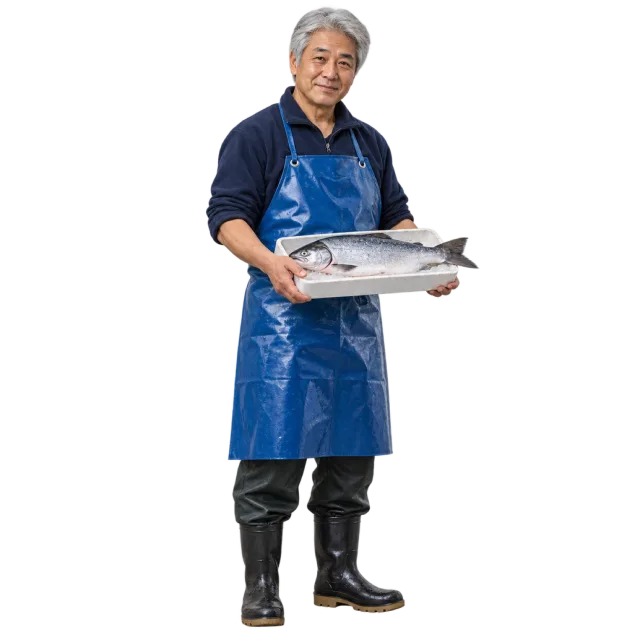 Gray-haired man in a blue waterproof apron holding a tray of fish