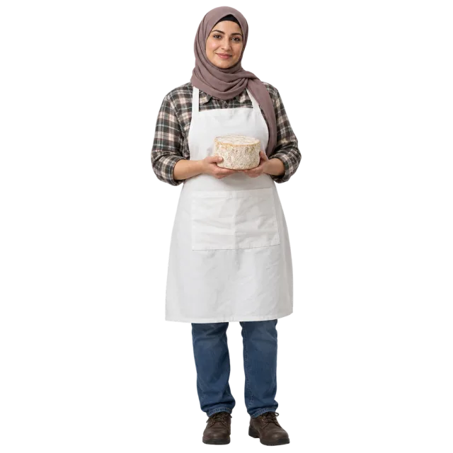Woman in a white apron and pale headscarf holding a round cheese