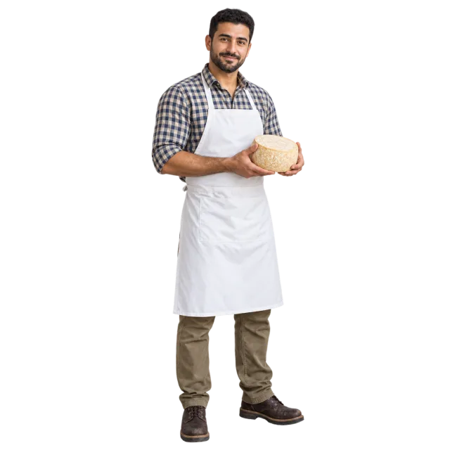 Man in a white apron over a checked shirt holding a round cheese