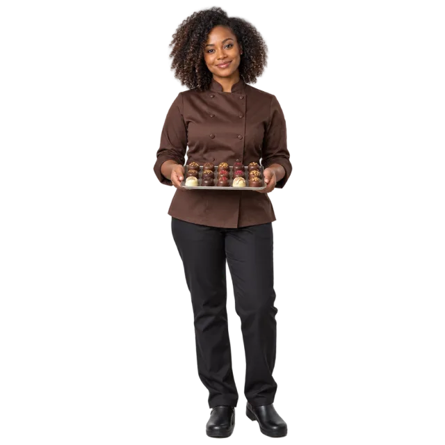 Woman in a brown chef uniform holding a tray of chocolates