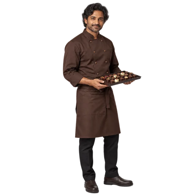 Man in a brown chef uniform holding a tray of chocolates
