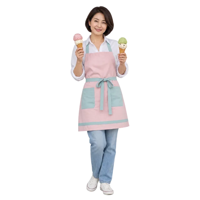 Woman in a pastel pink apron holding two ice cream cones