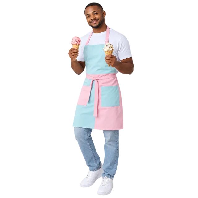 Man in a pink and blue apron holding two ice cream cones
