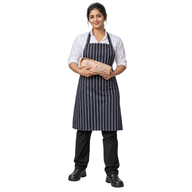 Woman in a navy striped apron holding a wrapped parcel