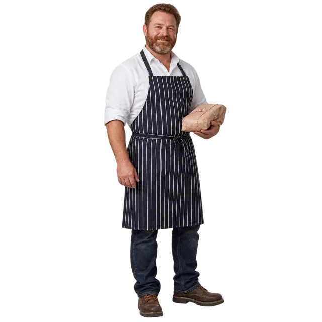 Man in a navy striped apron holding a wrapped parcel