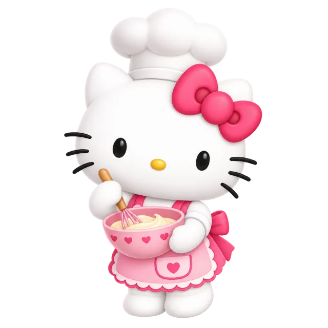 Hello Kitty wearing a chef hat and pink apron while stirring a pink mixing bowl