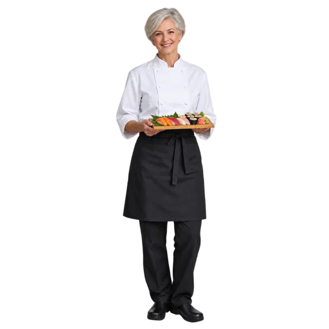 Gray-haired woman in a white chef jacket and black apron holding a sushi platter