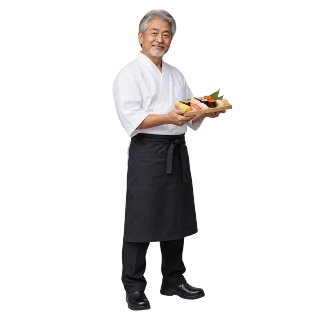 Gray-haired man in a white chef jacket and black apron holding a sushi platter