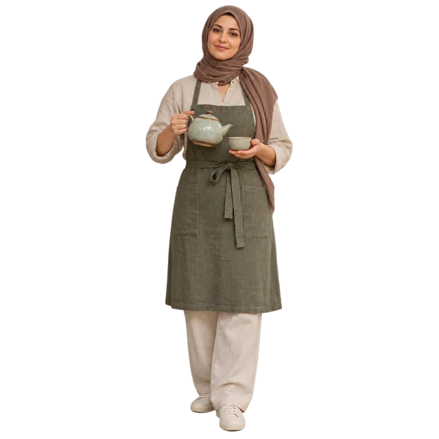 Woman in an olive apron and brown headscarf holding a teapot and cup