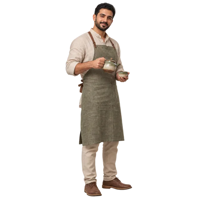 Man in an olive apron holding a teapot and cup
