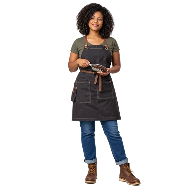 Woman in a dark apron holding a scoop of coffee beans