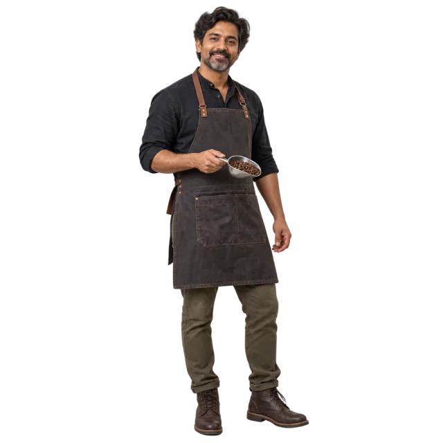 Man in a dark apron holding a scoop of coffee beans