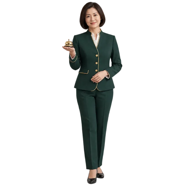 Woman in a dark green concierge uniform holding keys