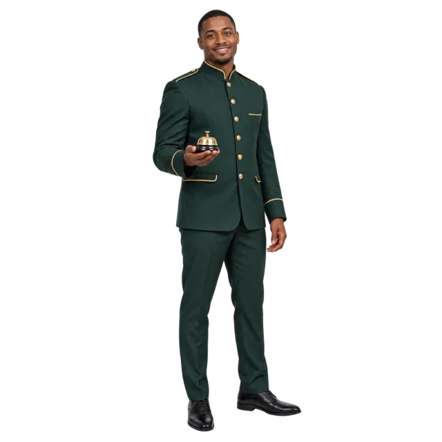 Man in a dark green concierge uniform holding keys