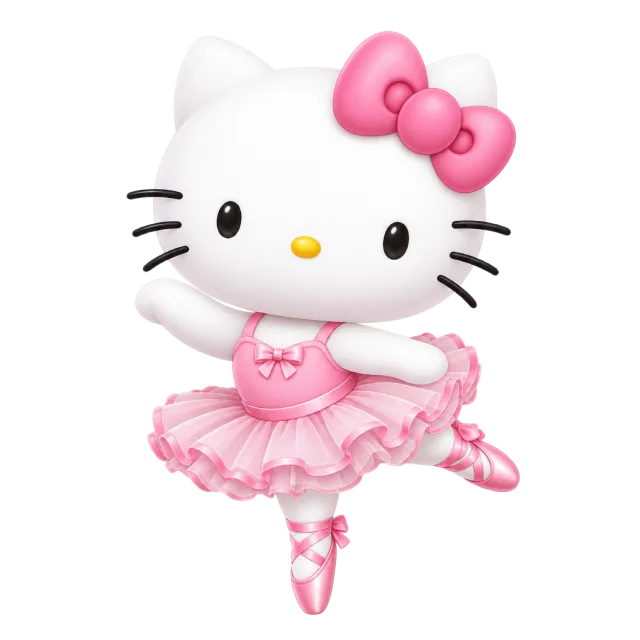 Hello Kitty balancing in a pink ruffled ballet tutu and matching ballet shoes