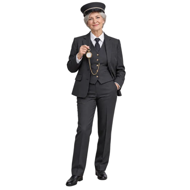 Gray-haired woman in a dark train conductor uniform and peaked cap holding a pocket watch