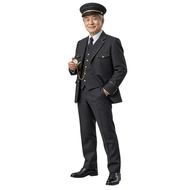 Gray-haired man in a dark train conductor uniform and peaked cap holding a pocket watch