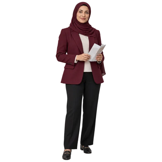 Woman in a burgundy blazer and headscarf holding a brochure