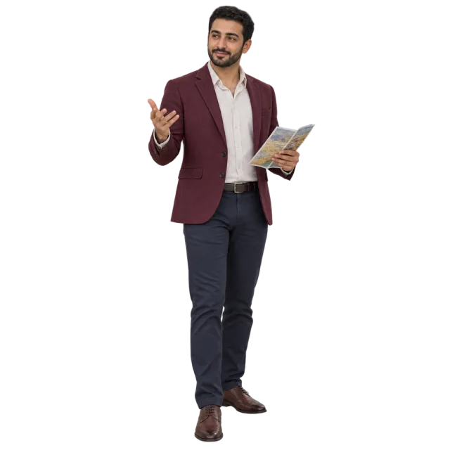 Man in a burgundy blazer holding a brochure and gesturing with one hand