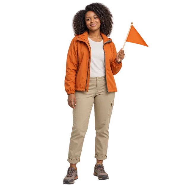 Woman in an orange jacket and beige trousers holding a small orange flag