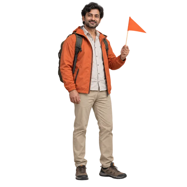 Man in an orange jacket and beige trousers holding a small orange flag