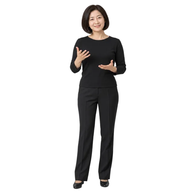 Woman in an all-black outfit gesturing with both hands