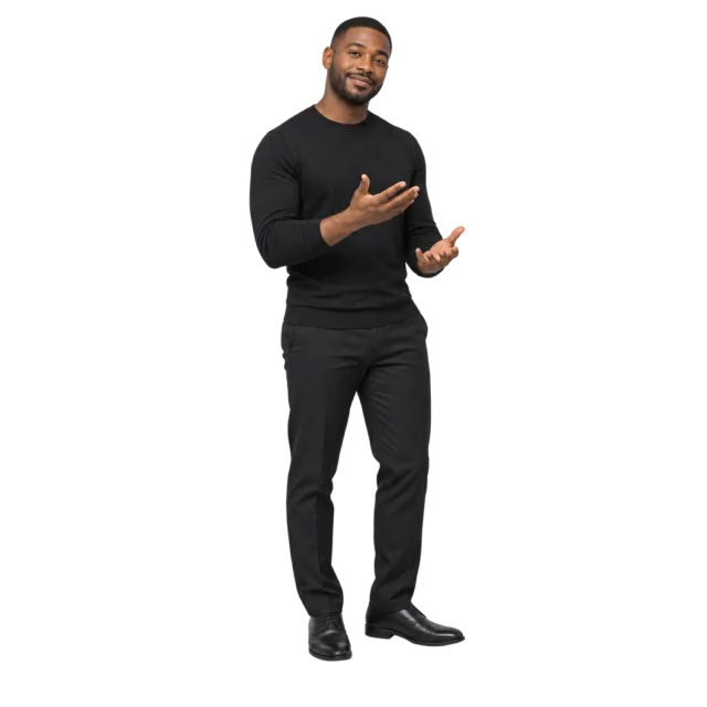 Man in an all-black outfit gesturing with both hands