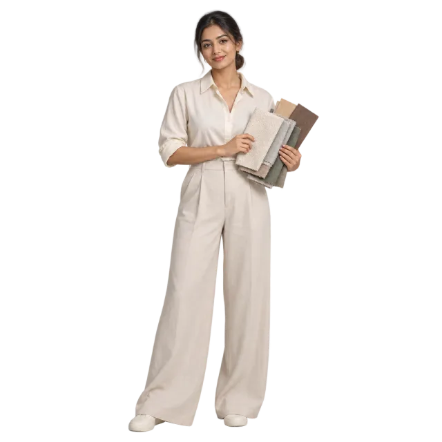 Woman in a cream outfit holding interior finish samples