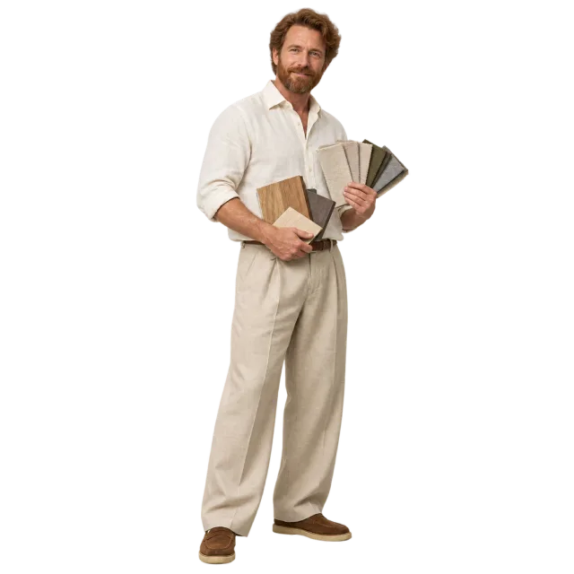 Man in a cream shirt and beige trousers holding a fan of interior finish samples