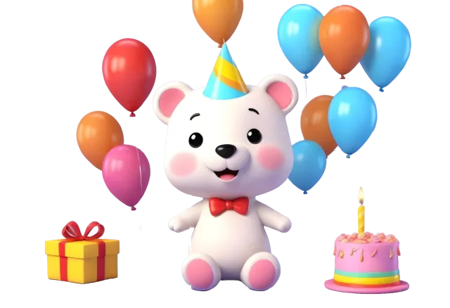 White teddy bear with a red bow surrounded by balloons, a gift and a small cake on a transparent background