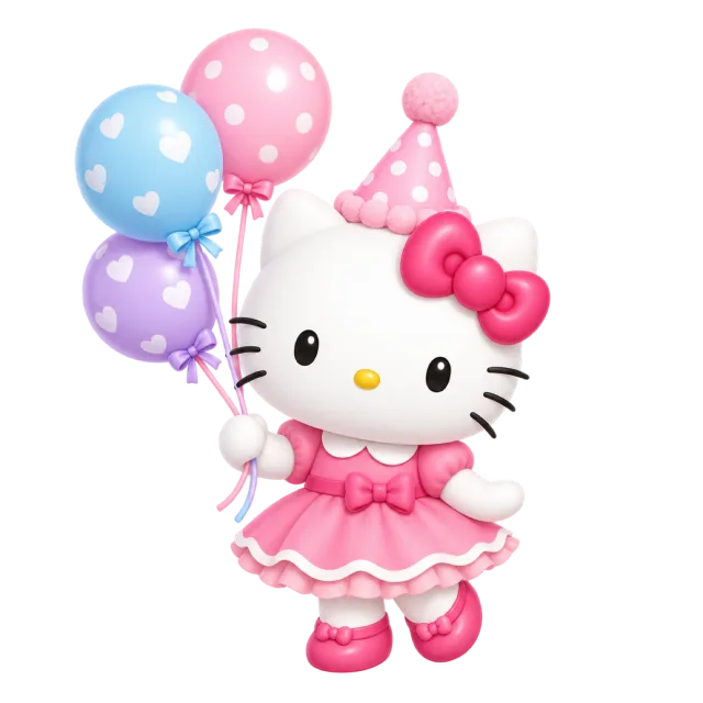 Hello Kitty wearing a pink party hat and holding blue, pink and purple balloons