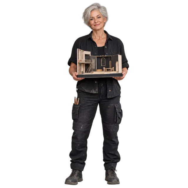 Gray-haired woman in black clothing holding a miniature stage model
