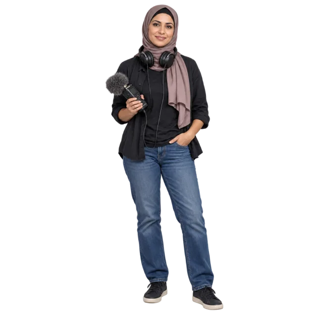 Woman in a black shirt and headscarf holding a microphone with headphones around her neck