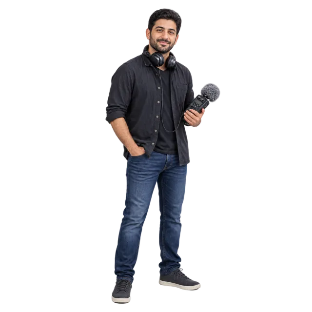 Man in a black shirt holding a microphone with headphones around his neck