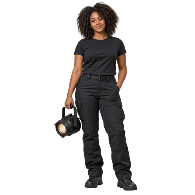 Woman in black clothing carrying a compact stage light