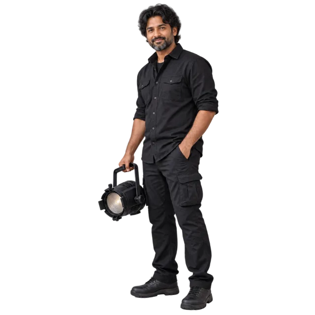 Man in black clothing carrying a compact stage light
