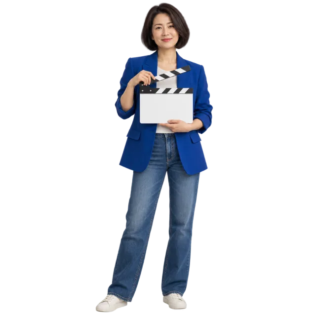 Woman in a blue jacket and jeans holding a film clapperboard