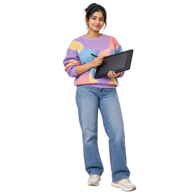Woman in a colorful sweater holding a drawing tablet and stylus