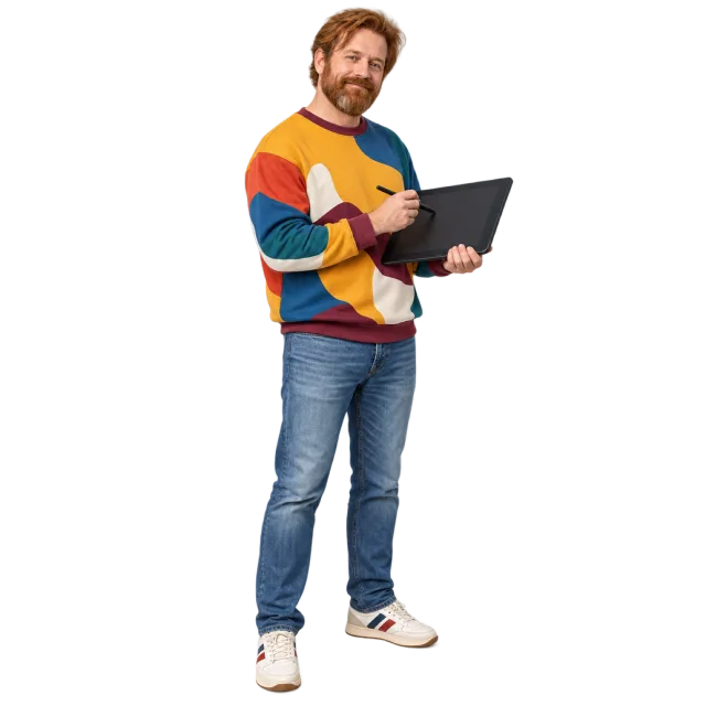 Man in a colorful sweater holding a drawing tablet and stylus
