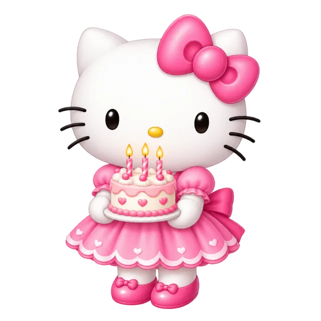 Hello Kitty in a pink dress holding a small pink cake with lit candles
