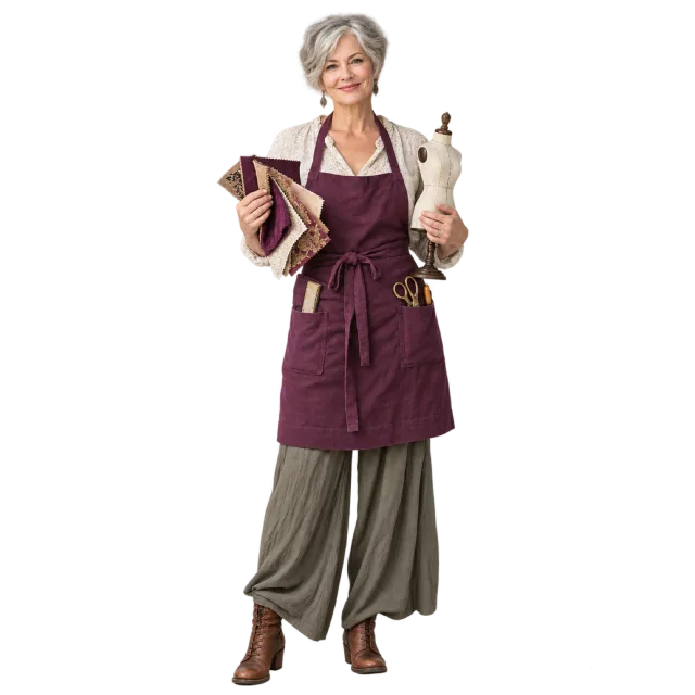 Gray-haired woman in a plum apron with a measuring tape, fabric and a miniature dress form