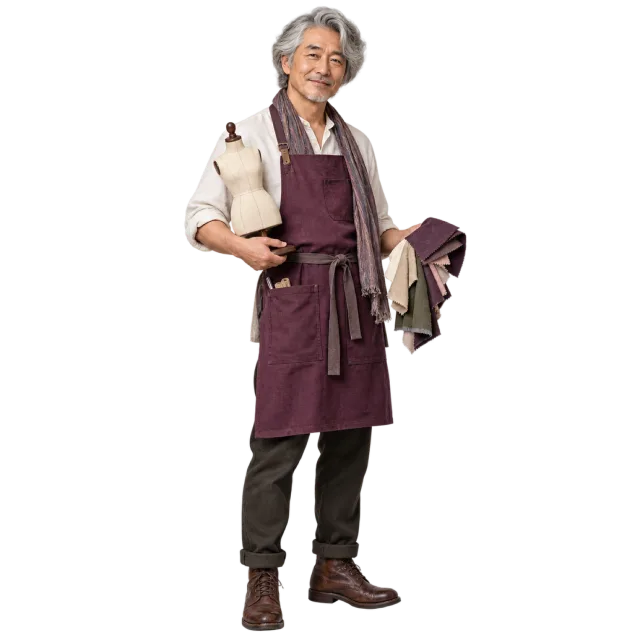 Gray-haired man in a burgundy apron with a measuring tape, fabric and a miniature dress form